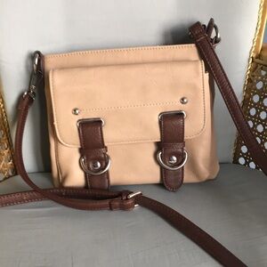 Charming Charlie beige & brown faux leather crossbody shoulder comfy bag purse